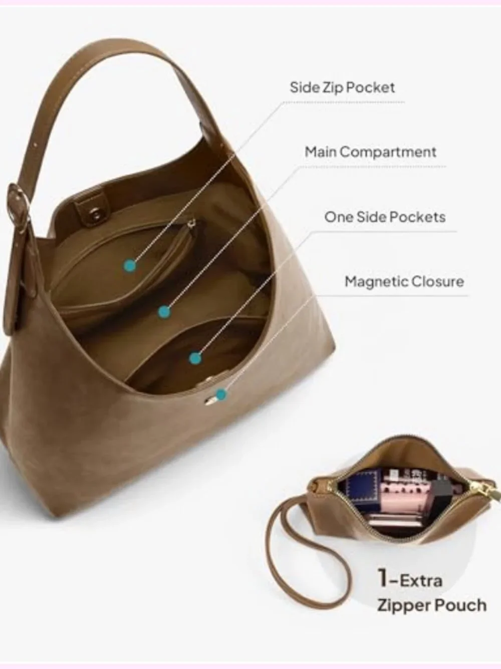 Slouchy Hobo Bag with Wallet, Large Faux Leather Shoulder Tote Handbag Purse
